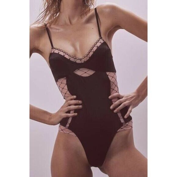 NWT FOR LOVE & LEMONS SKIVVIES BURLESQUE FISHNET MESH SATIN BODYSUIT BLACK - Picture 2 of 6